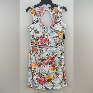 Guess Blue Lace Floral Mini Bodycon Dress Keyhole Back Sleeveles Lattice Size 14